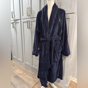 Polo Ralph Lauren Navy Blue Plush Long Robe Yellow Pony Logo One Size comfy cozy